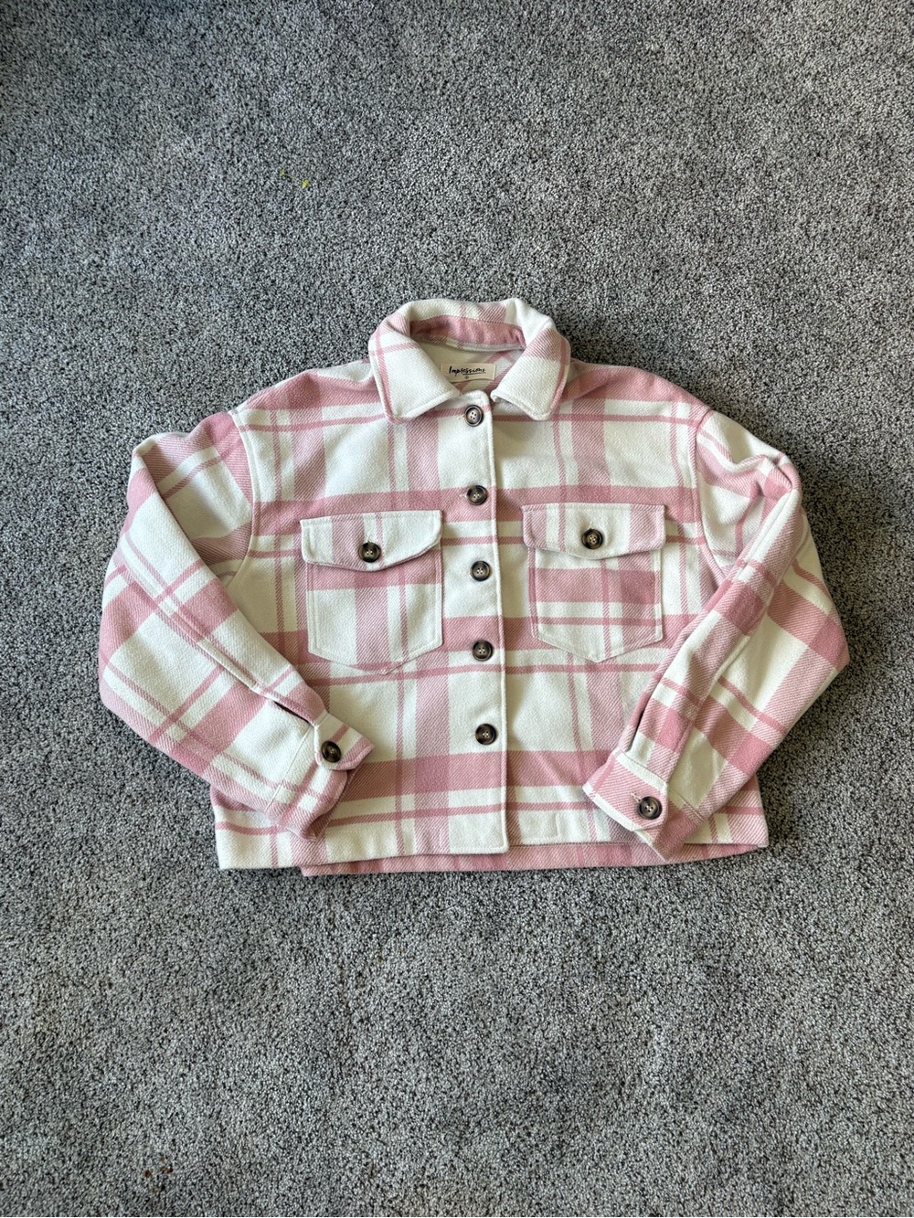 Impressions Cropped Pink and White Plaid Flannel Jacket